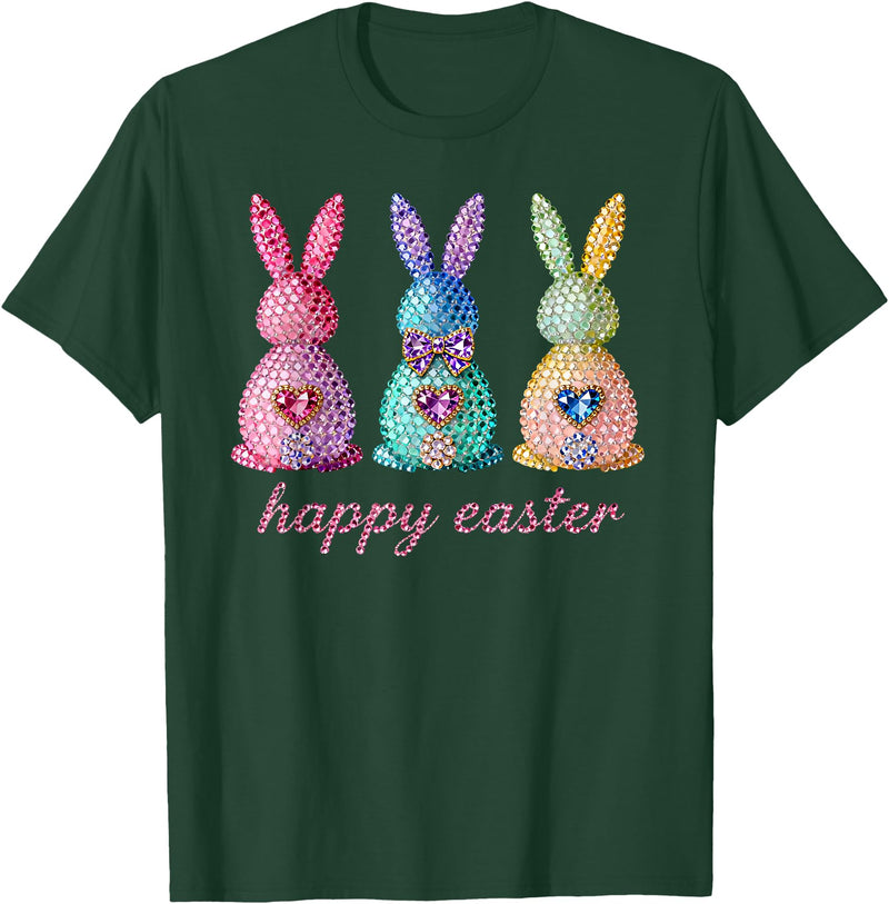 Funny Three Bunnies Rabbit Eggs Happy Easter Trendy Sparkly T-Shirt in Dark Green