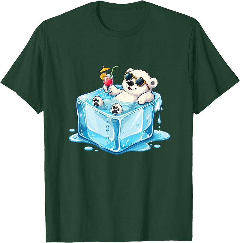 Cool Polar Bear Summer Vibes Chill Ice Cube Lazy Polar Bear in Ice Cube Tropical Cocktail T-Shirt - Dark Green