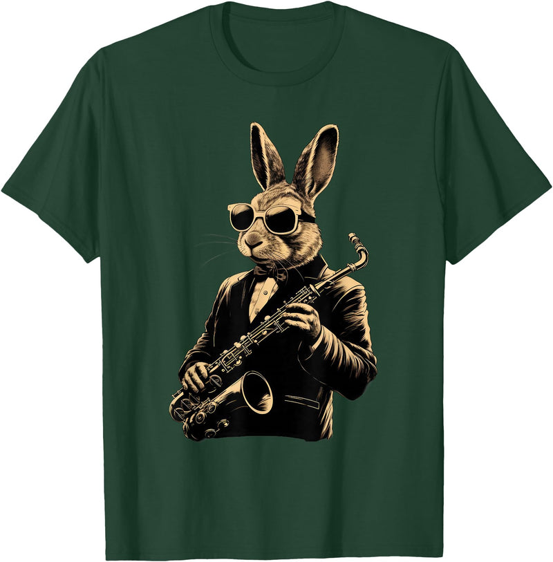 Cute Rabbit Bunny Playing Saxophone Rabbits Musician Music T-Shirt in Dark Green