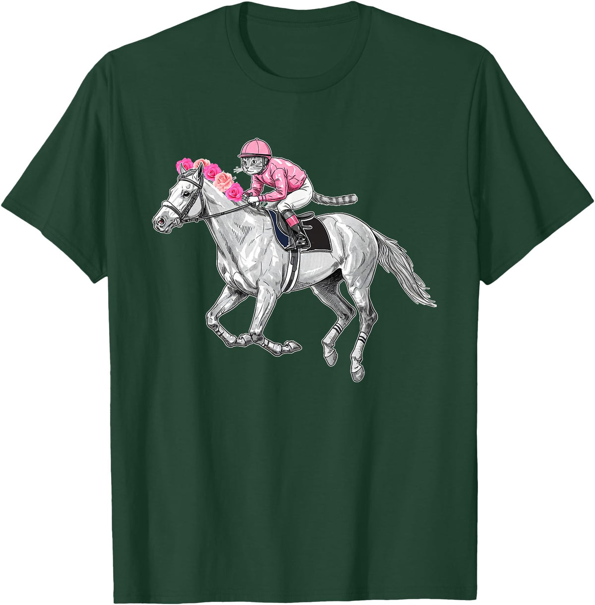 Racehorse and Cat Racer Derby Horse Racing Cat Jockey Funny Race Equestrian Humor T-Shirt - Dark Green