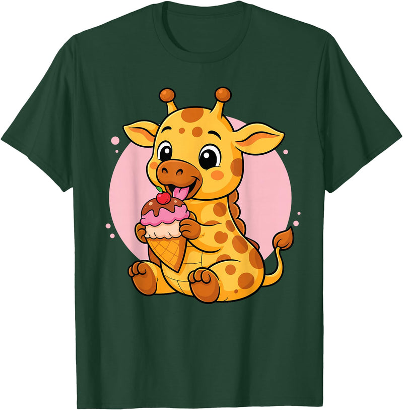 Funny Cute Giraffe Ice Cream Kawaii Design Giraffe Eating Ice Cream Graphic Boys Girls Giraffe Lover T-Shirt - Dark Green