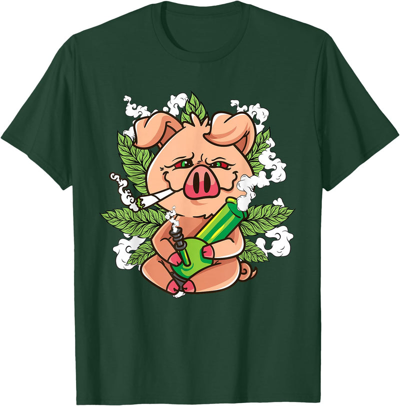 Weed Lover Gifts Funny Pot Smoker Gifts Pig Lover Pig Smoking Joint Holding Weed Bong Pig Marijuana T-Shirt - Dark Green