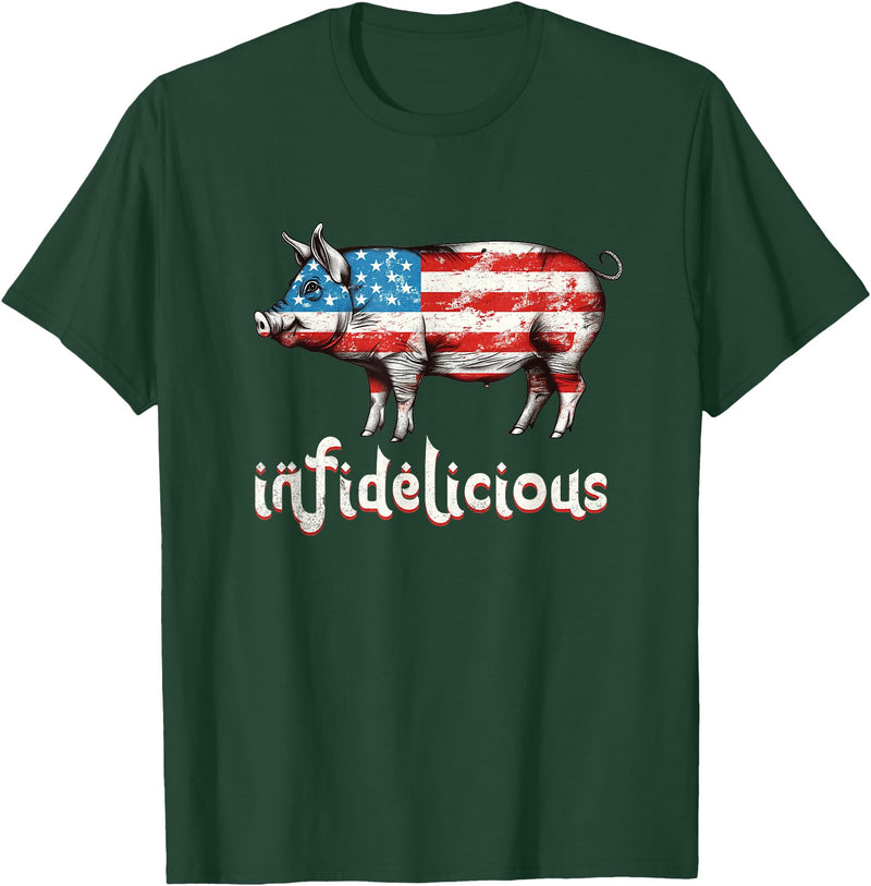 The Infidelicious Bacon Company Infidelicious - Funny Barbecue Pork BBQ Pig American Flag T-Shirt - Dark Green