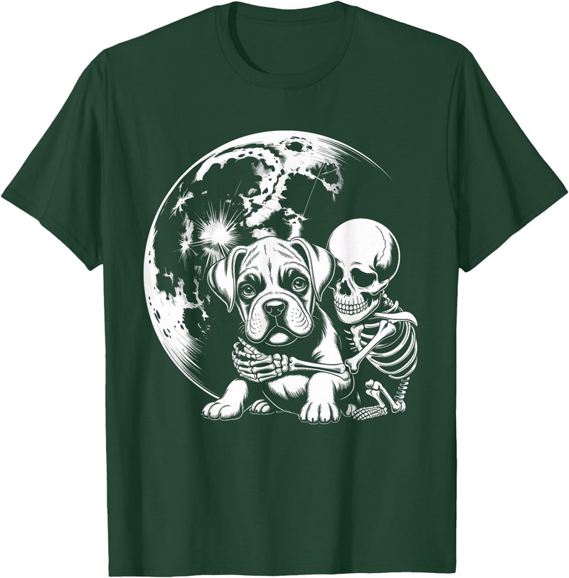Cute Skeleton Boxer Dog Halloween Women Men Skeleton Hugging Dog Halloween Boxer Lover Mom Dad T-Shirt - Dark Green