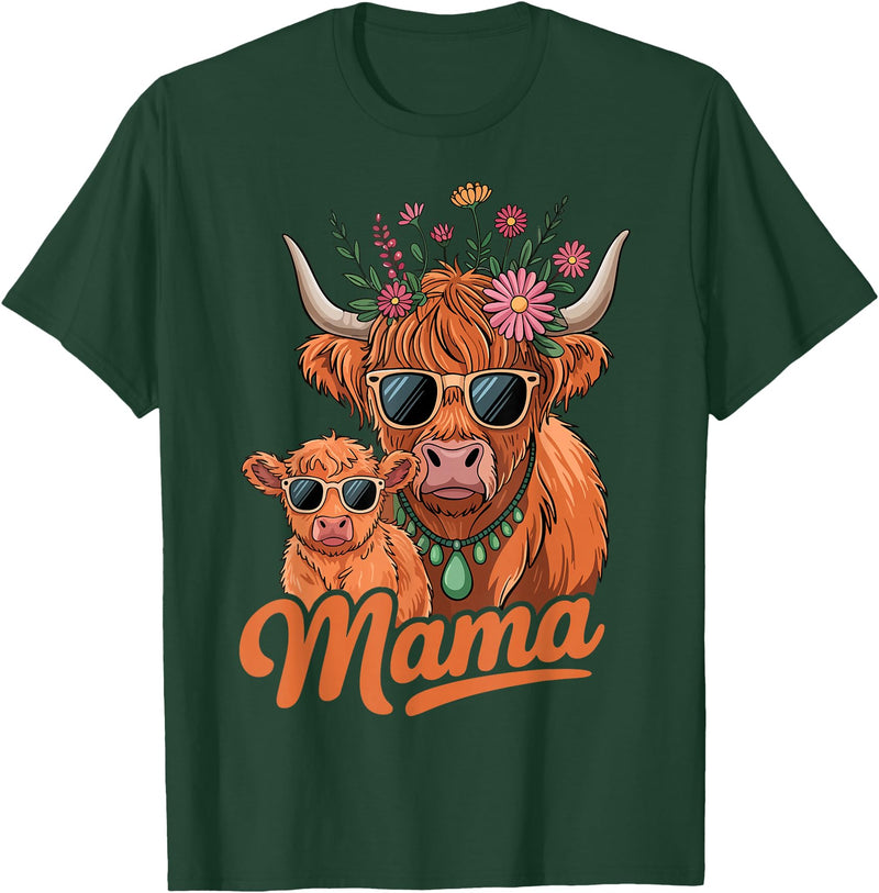 Scottish Farm Matching Mom Daughter Highland Cow Highland Cow Mama Mom Baby Calf Daughter Floral Mothers Day T-Shirt - Dark