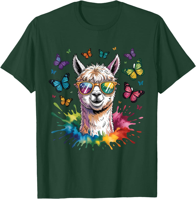 Funny Llama Lover Graphics Cute Llama with Sunglasses Animal Art Graphic Funny Alpaca T-Shirt - Dark Green