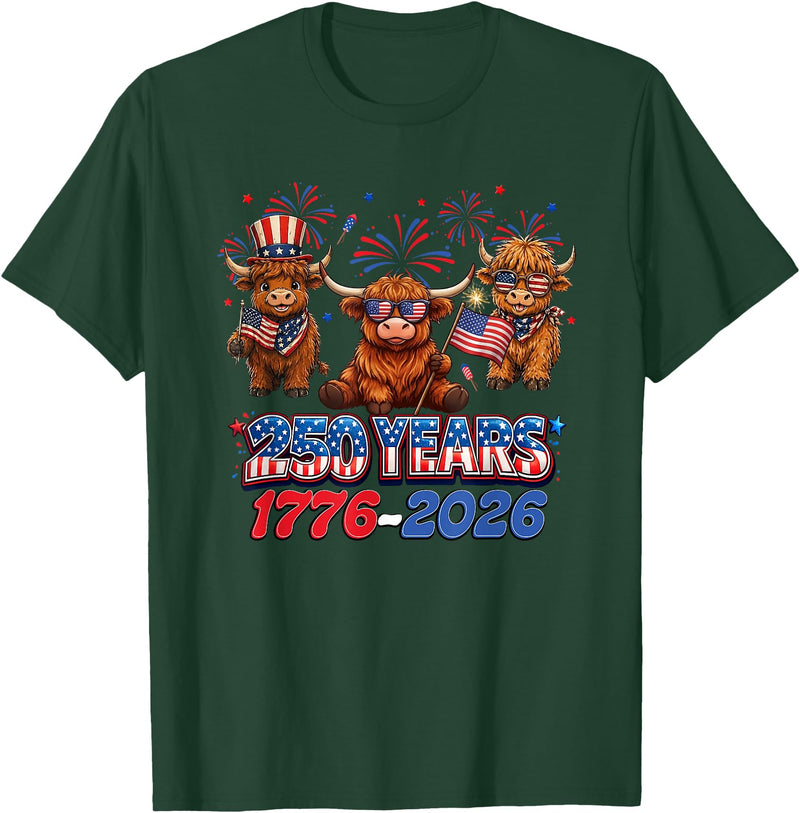 Scottish Highland Cow Print 250th Anniversary Gift 250 Years America Anniversary Cow 4th July America 1776 2026 T-Shirt -