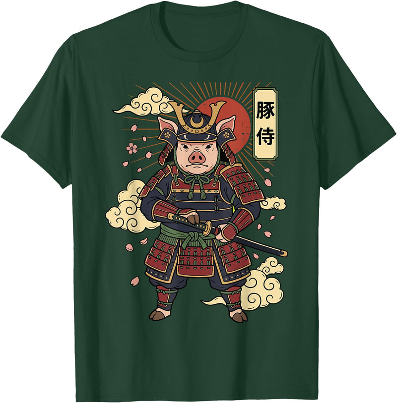 Samurai Pig Anime Japan Pig Samurai Japanese Warrior T-Shirt - Dark Green