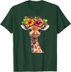 Aesthetic Giraffe Art Cute Floral Giraffe With Flower Crown T-Shirt - Dark Green