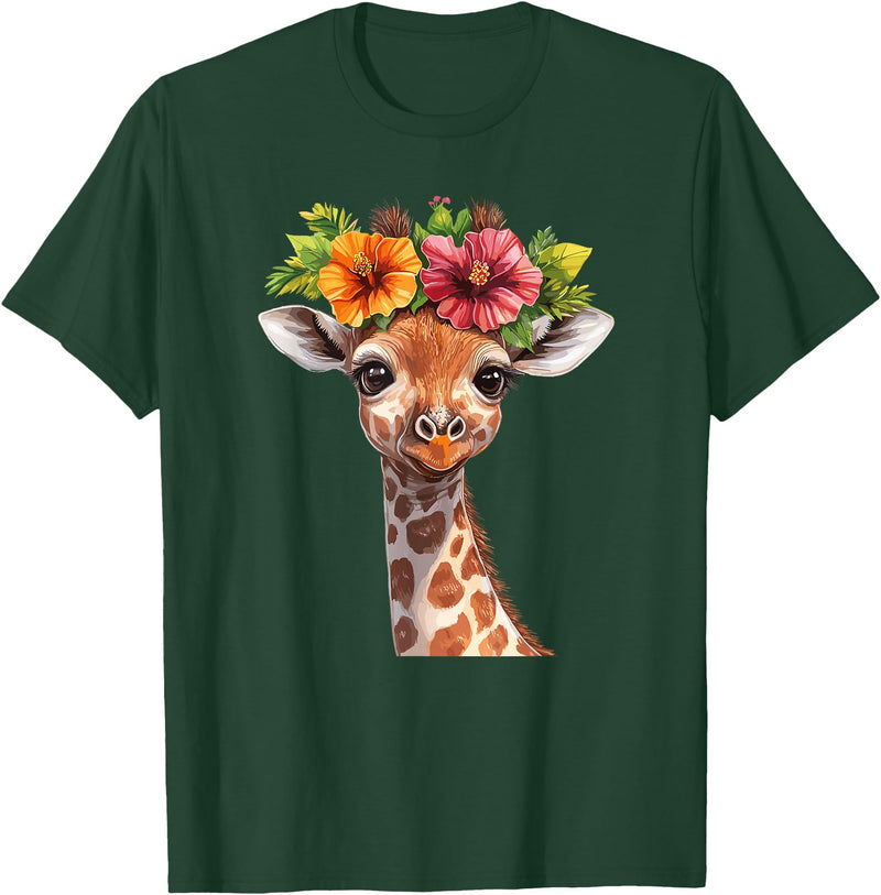 Aesthetic Giraffe Art Cute Floral Giraffe With Flower Crown T-Shirt - Dark Green