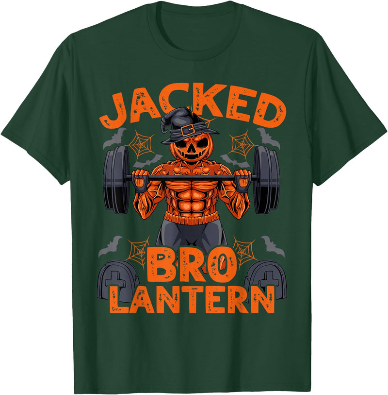 Halloween Muscle BodybuildIng Jack O'Lantern Jacked Bro Lantern Halloween Pumpkin Weightlifting Gym Men T-Shirt - Dark Green