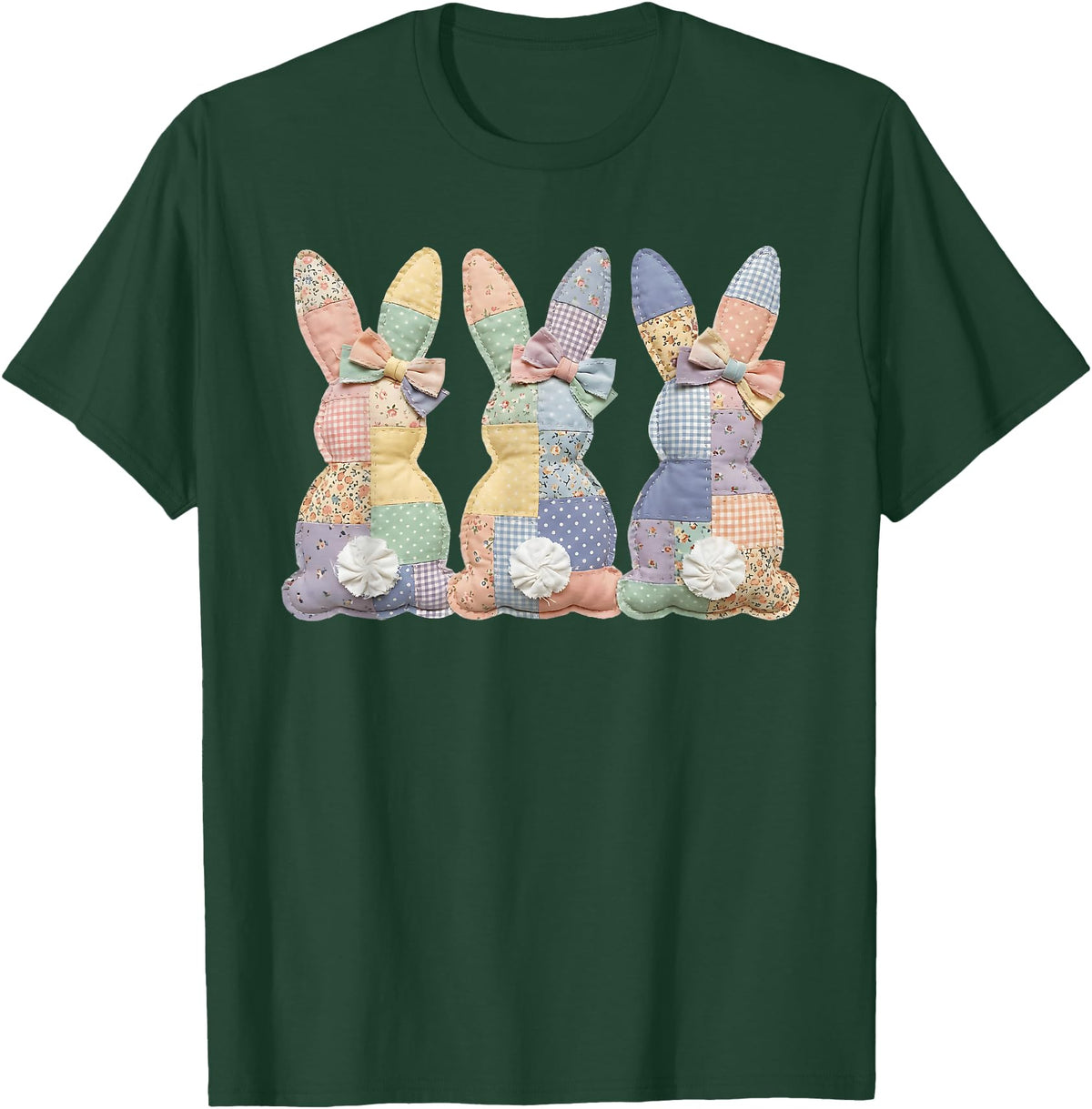 Easter Patchwork Bunny Cute Bunny Rabbit Coquette Lace Bow T-Shirt in Dark Green