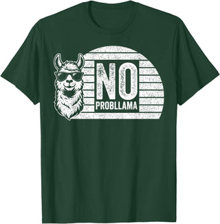 Teetro No Probllama Cool Llama Sunglasses Humor Animal T-Shirt - Dark Green