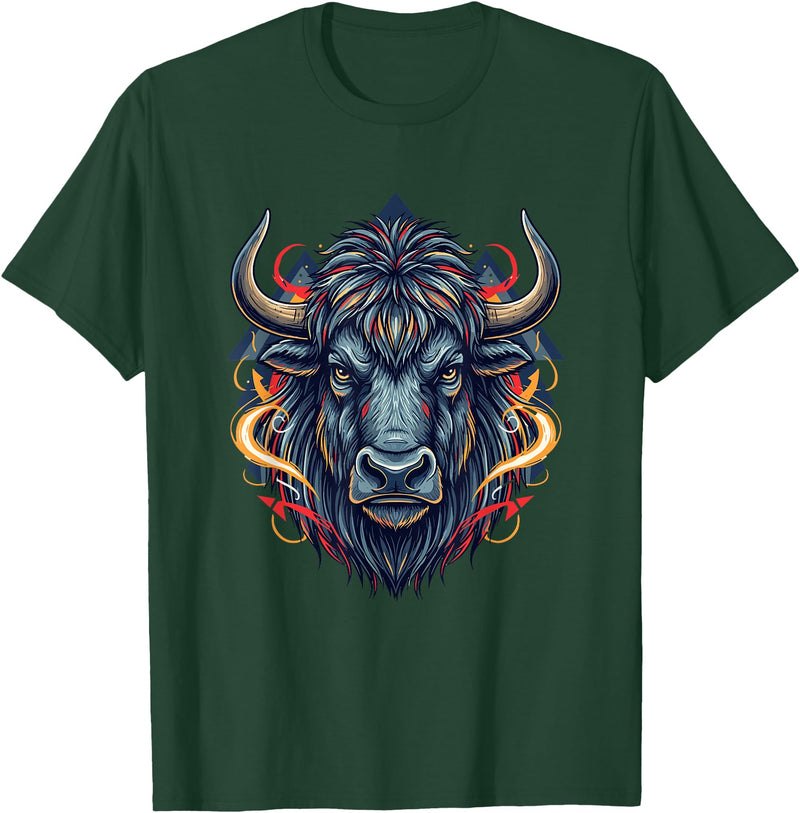 Wild Buffalo Bison Tribal Western Spirit Fierce Wild Bison Head Tribal Geometric Buffalo T-Shirt - Dark Green