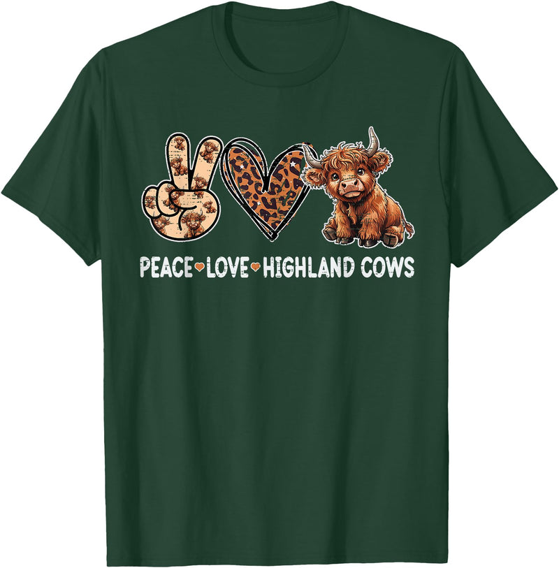 Highland Cow shirts for Girls Women Kids Peace Love Highland Cows Funny Beef Farmer Farm Cow Lover T-Shirt - Dark Green