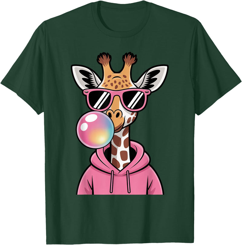 Giraffe Sasquatch Blowing Bubblegum Toddler Kids Cute Giraffe Blowing Bubble Gum and Pink Glasses Kids Boys T-Shirt - Dark Green