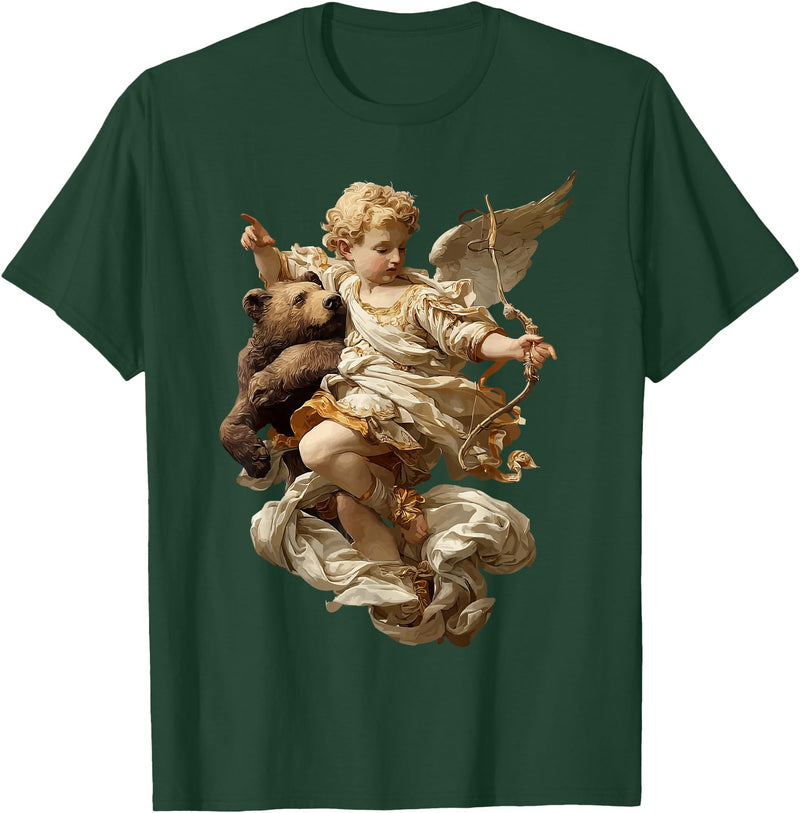 Vintage Angel Aesthetic Classical Art Cute Cherub Angel with Bear Baroque Renaissance Aesthetic T-Shirt - Dark Green