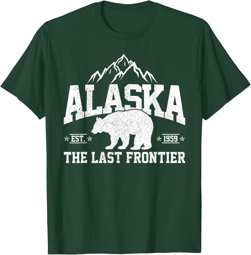 We Love Alaska - T-Shirts & Souvenirs Alaska The Last Frontier EST 1959 Grizzly Bear Mountains T-Shirt - Dark Green