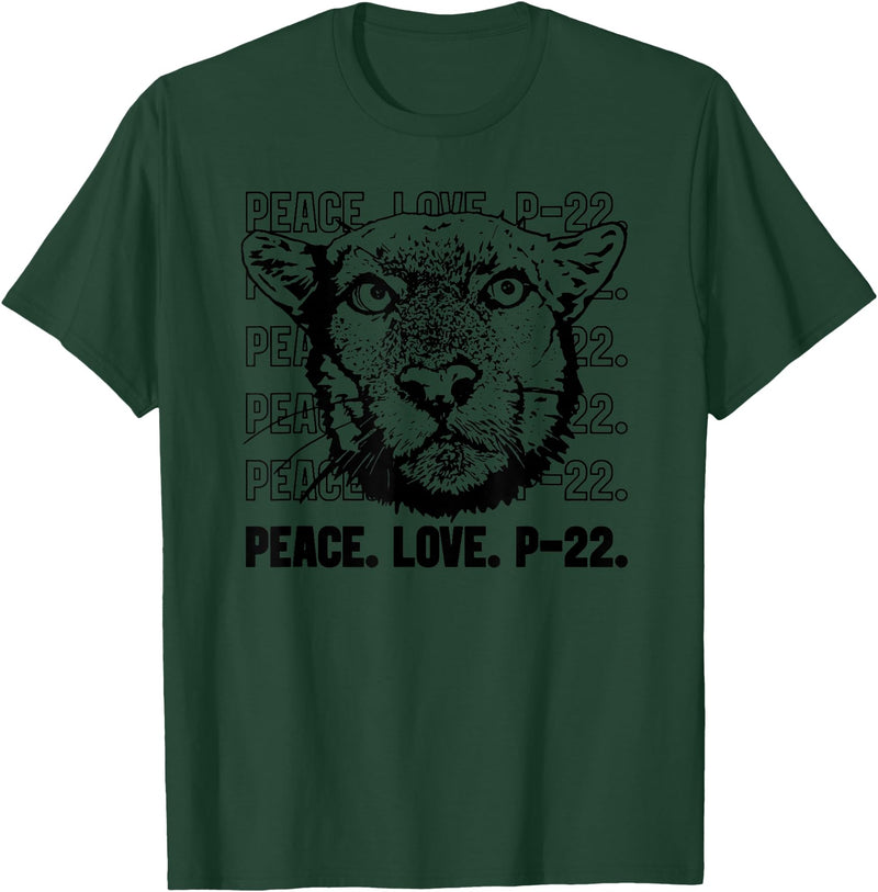 P22 Mountain Lion Tee Shirts for Nature Lovers P-22 Mountain Lion Legend LA California Art P22 Peace Love T-Shirt - Dark Green