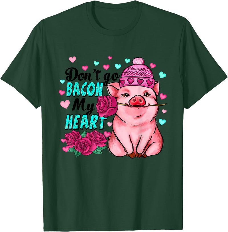 Punny Pig Valentine Apparel Don't Go Bacon My Heart Funny Pig Valentine Tee T-Shirt - Dark Green