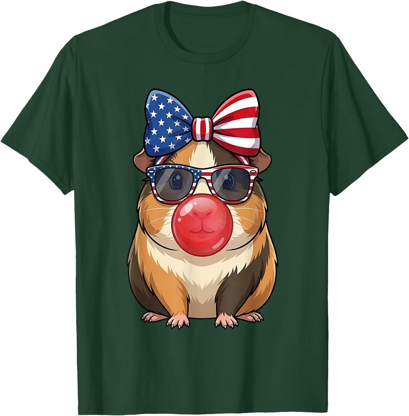 Cute Guinea Pig Bubble Gum Coquette Bow Girls Kids Patriotic Guinea Pig 4th of July Bow American Flag Girls T-Shirt - Dark Green