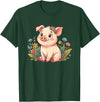Cute Farm Piglet With Wildflowers Pastel Kawaii Baby Pig Surrounded by Colorful Flowers T-Shirt - Dark Green