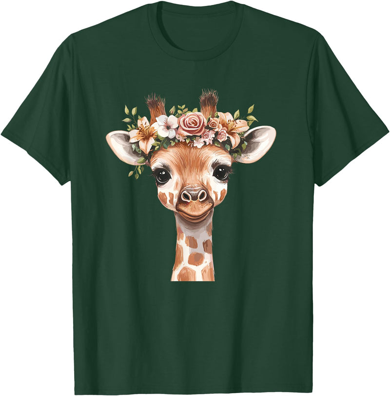 Floral Giraffe Animal Lovers Wild Nature Cute Animal Flower Crown Giraffe T-Shirt - Dark Green