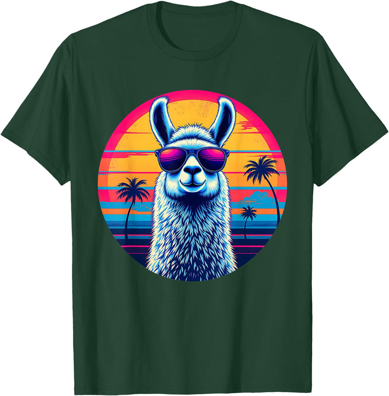 Llama Alpaca Vintage Art Co. Llama Alpaca Retro 80s Style T-Shirt - Dark Green