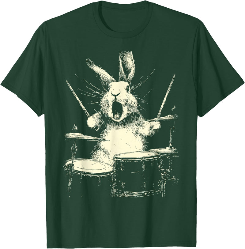 Cute Rabbit Playing Drums Funny Music Animal Drummer Graphic T-Shirt in Dark Green