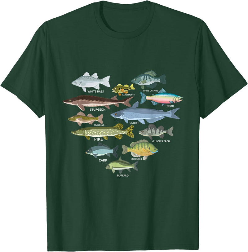 Types Of Freshwater Fish lover identification gift freshwater fish identification heart shape Species Fishing T-Shirt - Dark Green