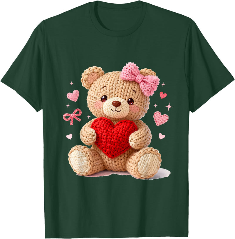 Cute Crochet Valentine Love Art Studio Be My Valentine Cute Crochet Yarn Teddy Bear Love T-Shirt - Dark Green