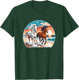 Horses Running On The Beach - T-Shirt - Dark Green
