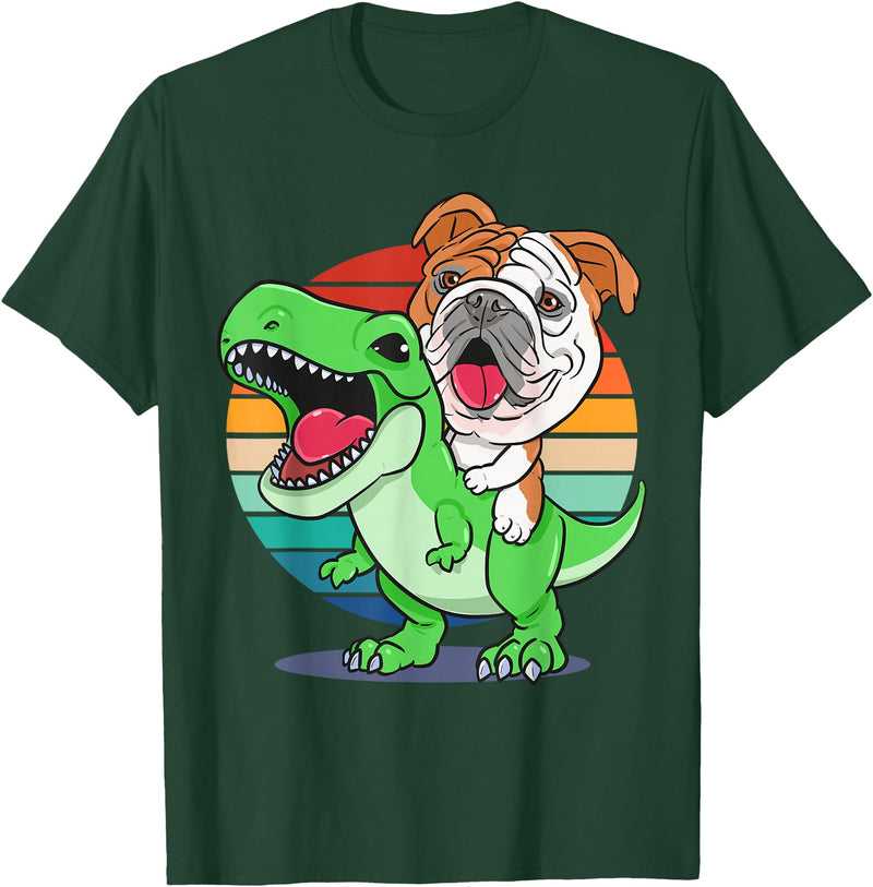 English Bulldog Funny Dinosaur Kids Mom Gift Tees Funny English Bulldog Riding Cute T-Rex Dinosaur Dog Mom T-Shirt - Dark