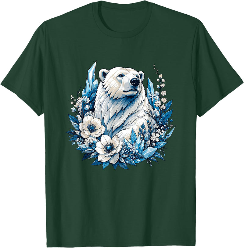 Arctic Polar Bear Floral Crystal Nature Winter Wildlife Polar Bear with Ice Flowers T-Shirt - Dark Green