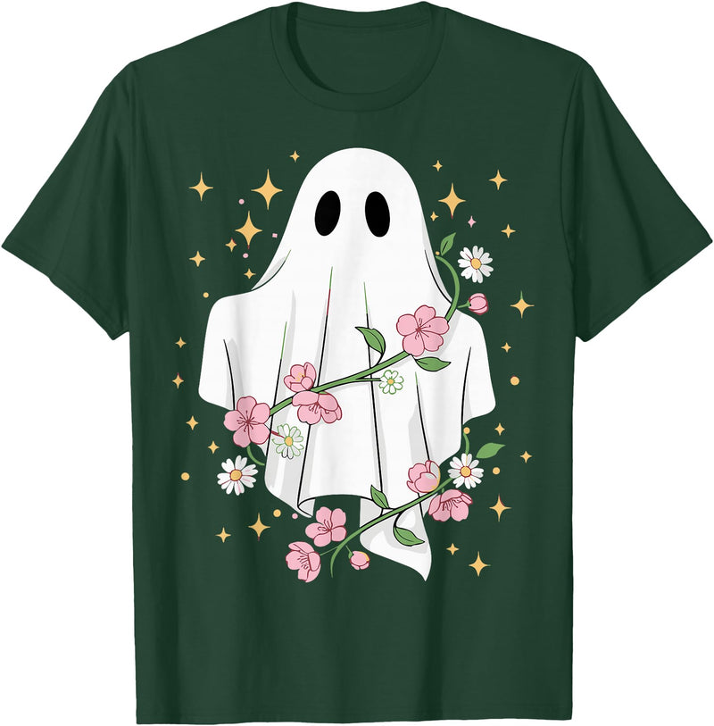 Halloween Ghost Lovers Cute Ghost with Flowers Halloween T-Shirt - Dark Green