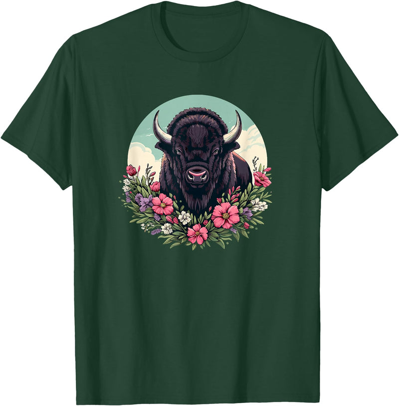 Wild Plains Buffalo Bison Gifts T Shirts & Hoodies Womens Girls Old West Retro Vintage Floral Buffalo Lover T-Shirt - Dark