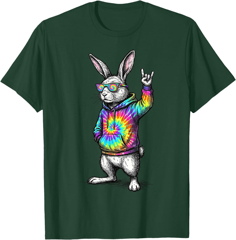 Cute Easter Bunny Rock Rabbit Sunglasses Happy Easter T-Shirt in Dark Green