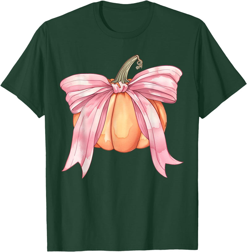 Coquette Halloween Tees NYC Coquette Autumn Pumpkin Pink Bow Girly Halloween Fall Women T-Shirt - Dark Green