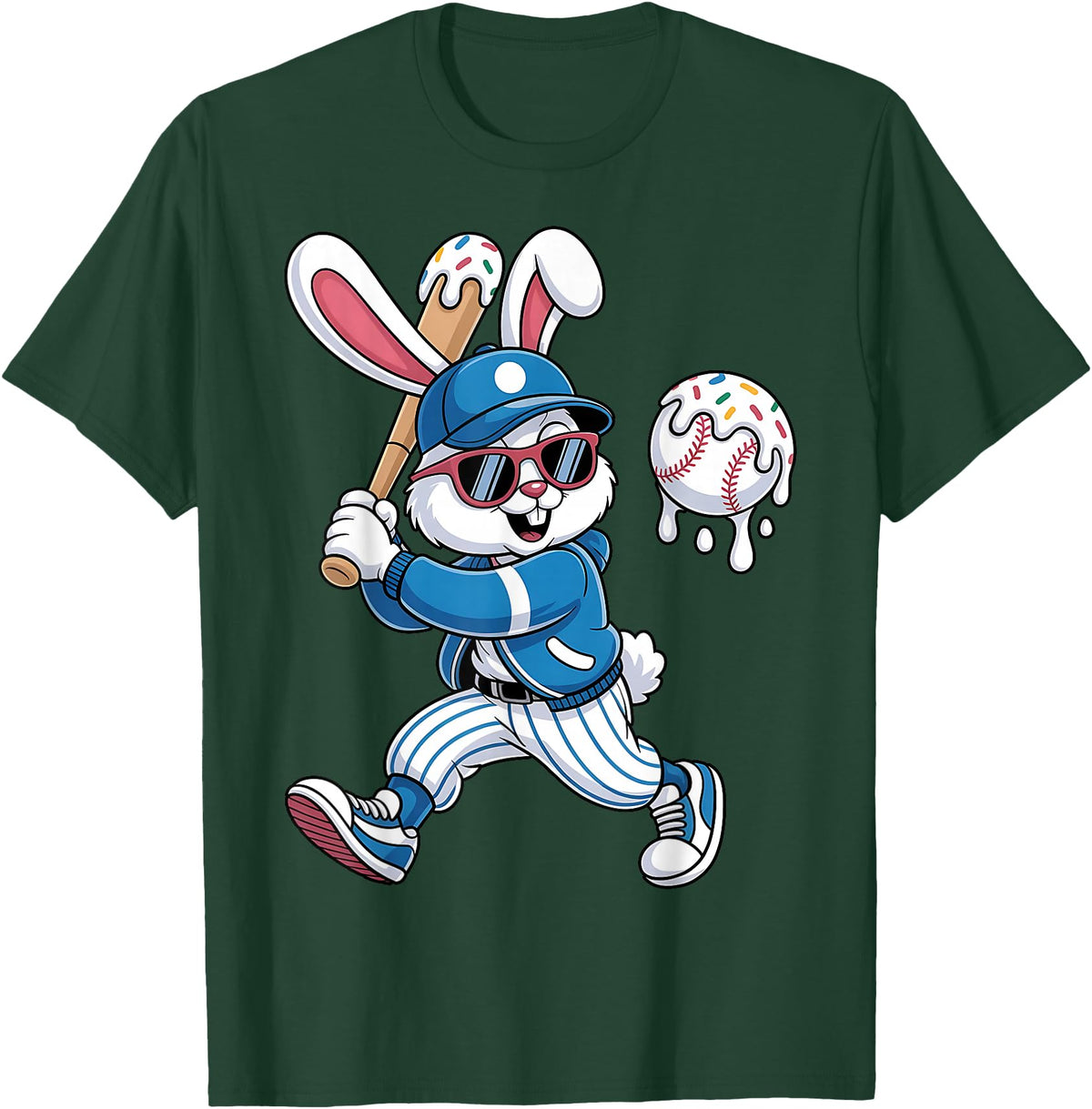 Funny Baseball Drip Rabbit Bunny Easter Men Boys Kids T-Shirt in Dark Green