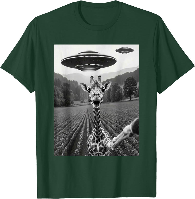 Toto17 Giraffe Lover Co. Giraffe Selfie with Alien UFO Funny Giraffe Lover Men Women T-Shirt - Dark Green