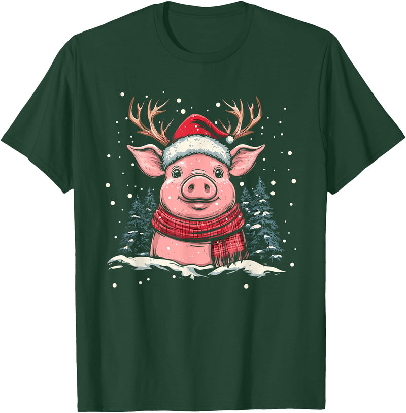 Funny Pig Christmas Outfit Pig Reindeer Santa Hat Christmas Xmas T-Shirt - Dark Green