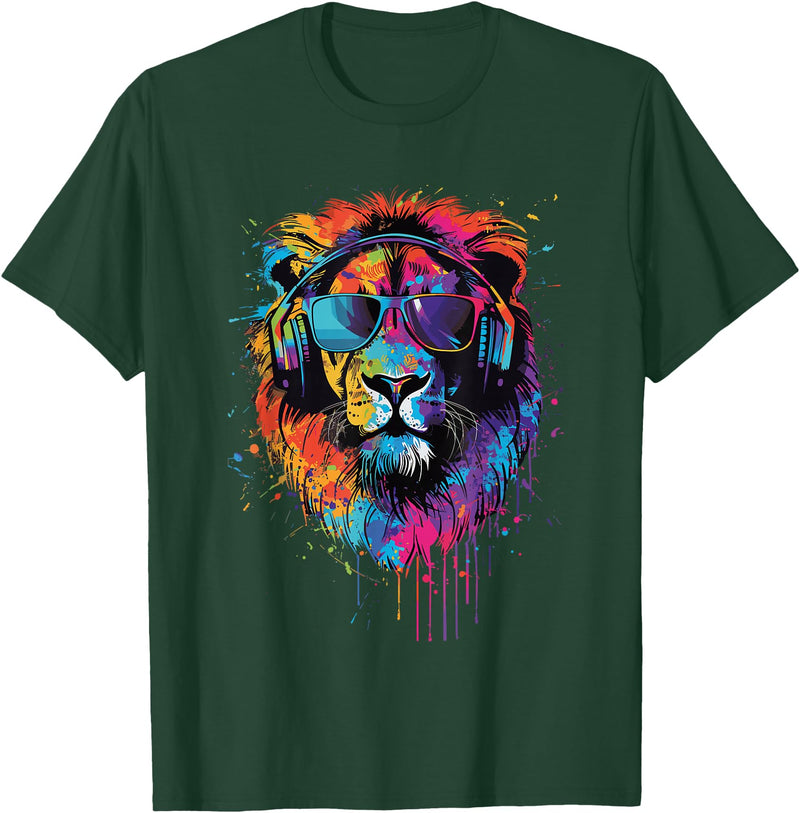 Lion Sunglasses Headphones Design Lion Sunglasses Headphones T-Shirt - Dark Green