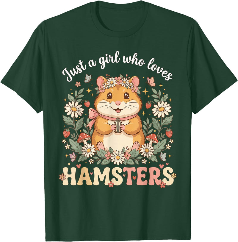 Just a Girl Who Loves Hamsters Cute Floral Pet Aesthetic T-Shirt - Dark Green