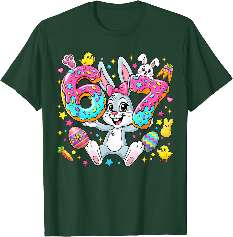 67 Six Seven Meme 6 7 Cute Rabbit Bunny Easter Day Girl Kids T-Shirt in Dark Green