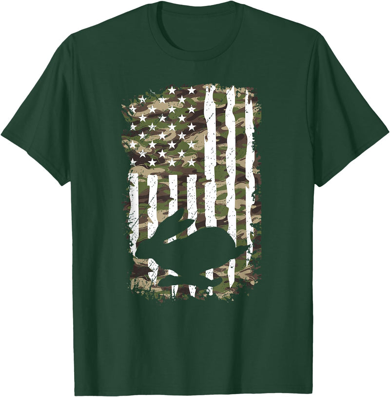 Rabbit Hunting US Flag Rabbit Hunter Lover T-Shirt in Dark Green