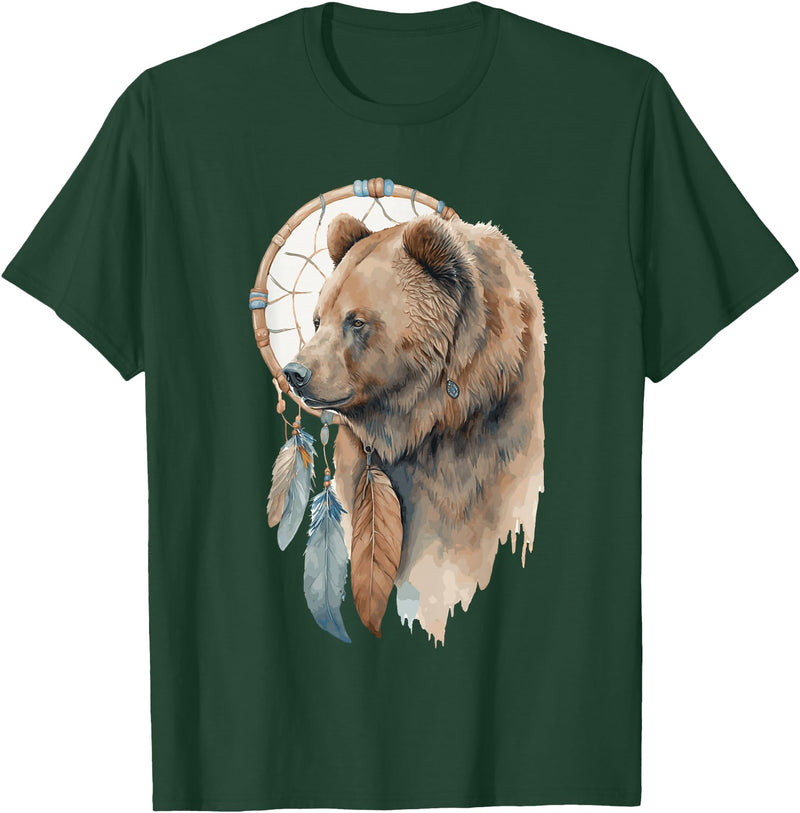 More Tribal Native American Totem Animal Art Bear Tribal Watercolor Bear Dream Catcher T-Shirt - Dark Green