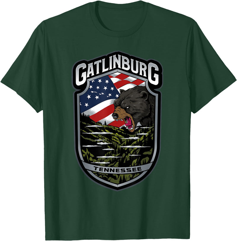 Great Smoky Mountains National Park Souvenirs Gatlinburg Tennessee Souvenirs Bears Gifts TN American Flag T-Shirt - Dark Green