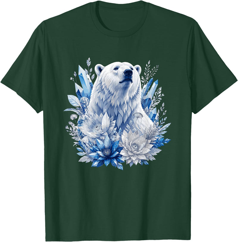 Arctic Polar Bear Crystal Flowers Nature Majestic Arctic Polar Bear with Ice Flowers Fantasy T-Shirt - Dark Green