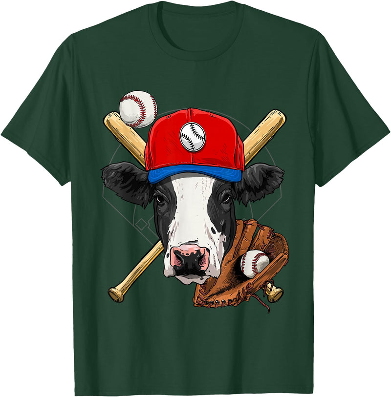 Wowsome! Cow Baseball Cow Lovers Baseball Player T-Shirt - Dark Green