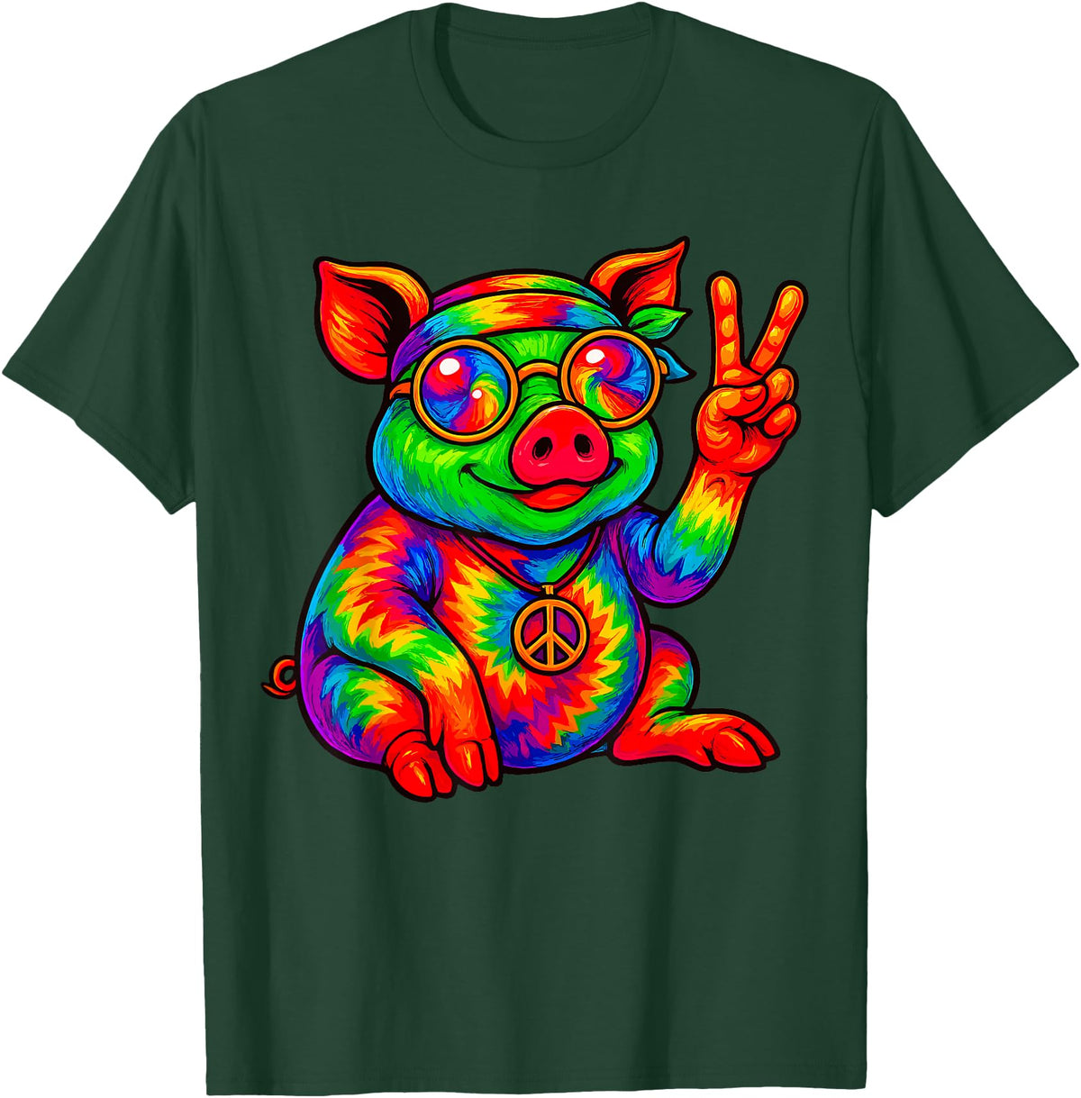 Magical and Funny Pig Gifts Tie-Dye Pig Peace Sign Hippo T-Shirt - Dark Green